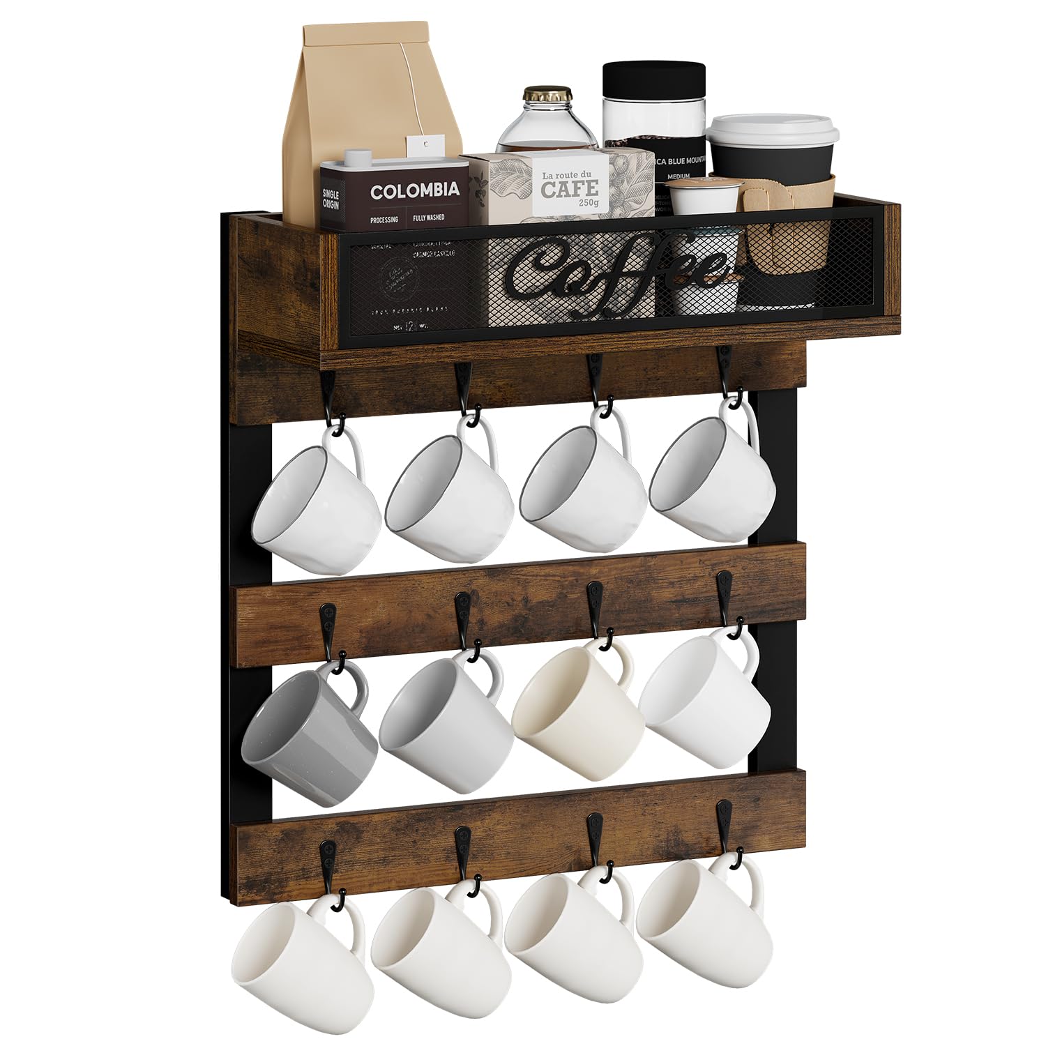 YINMIT Soporte para tazas de café con 12 ganchos, soporte para tazas de café montado en la pared con estante superior, organizador de tazas para la cocina del hogar, color marrón