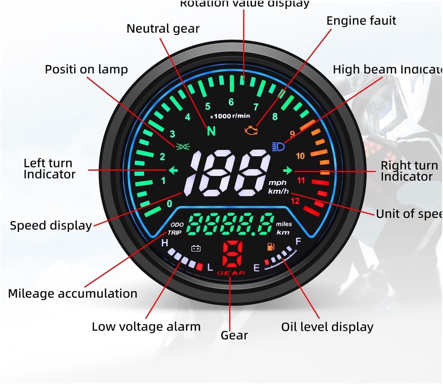 Motorcycle Speedometer 12V Motorcycle Instrument Tachometer Digital Dashboard Meters 0~12000 Tachometer with Gear Meter Dual Odometer Tachometer