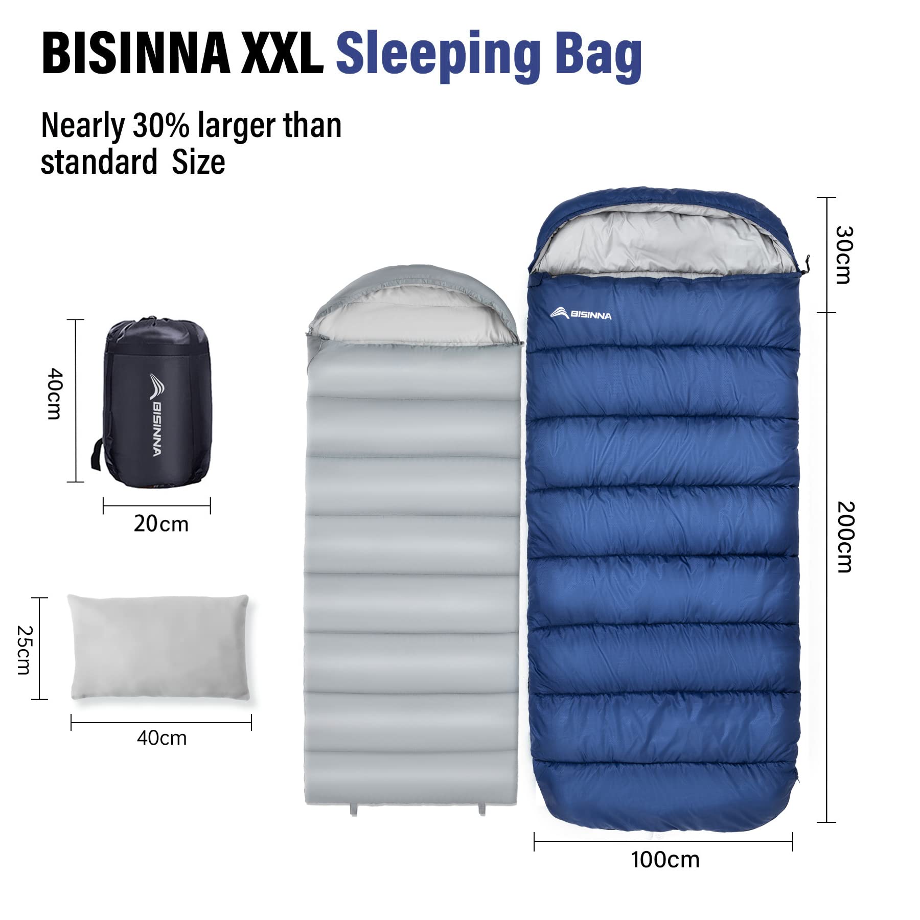 BISINNA Saco de Dormir XXL para Personas Altas - Saco Térmico 3-4 Estaciones con Cremallera Doble - para Camping, Trekking y Senderismo