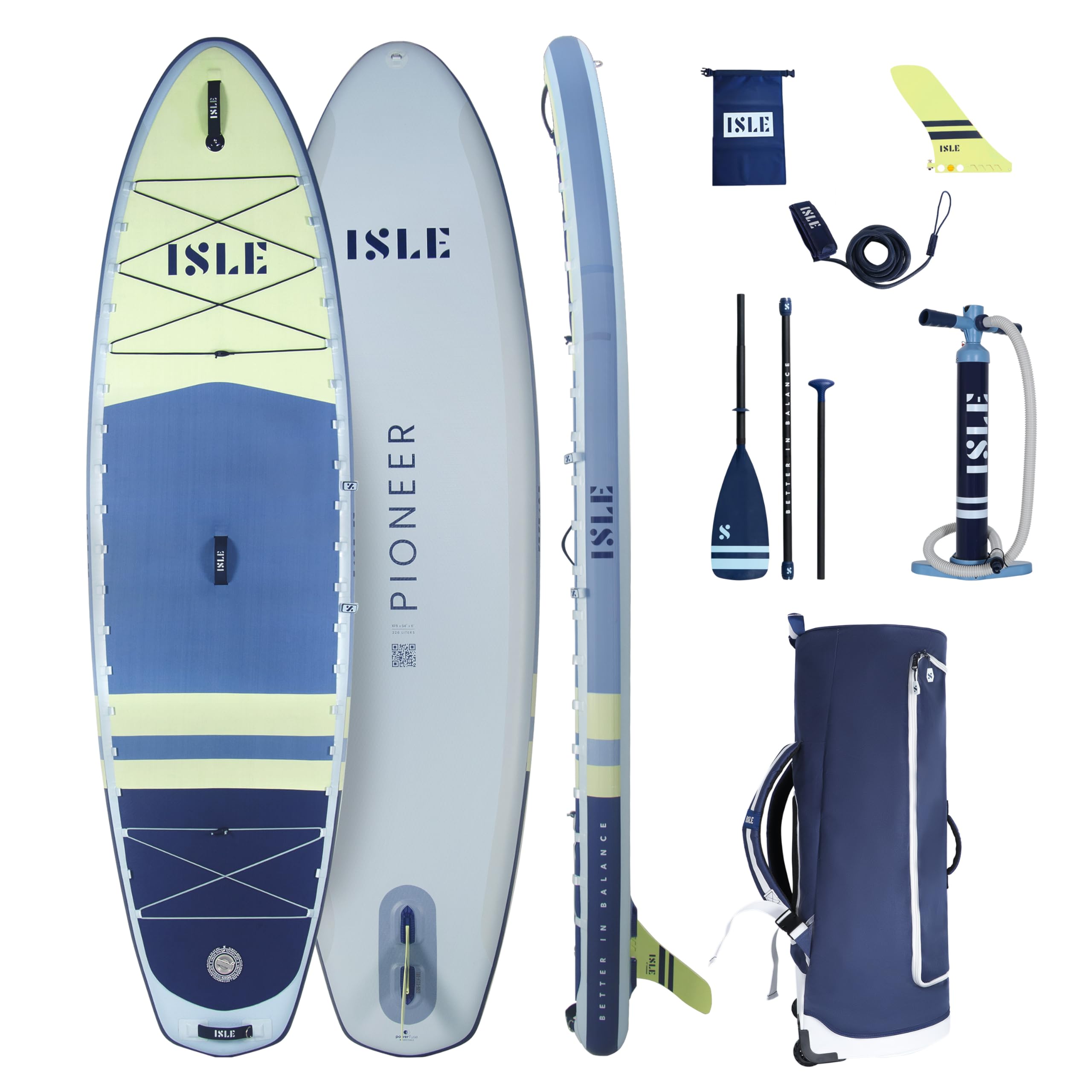 ISLE Pioneer 3.0 Inflatable Stand Up Paddle Board, Incl. Straight Leash, Touring Fin, Backpack, Hand Pump, Paddle - Beginner Friendly SUP - 40x17x16 in -max. 285 lbs - Ice/Lumin/Slate
