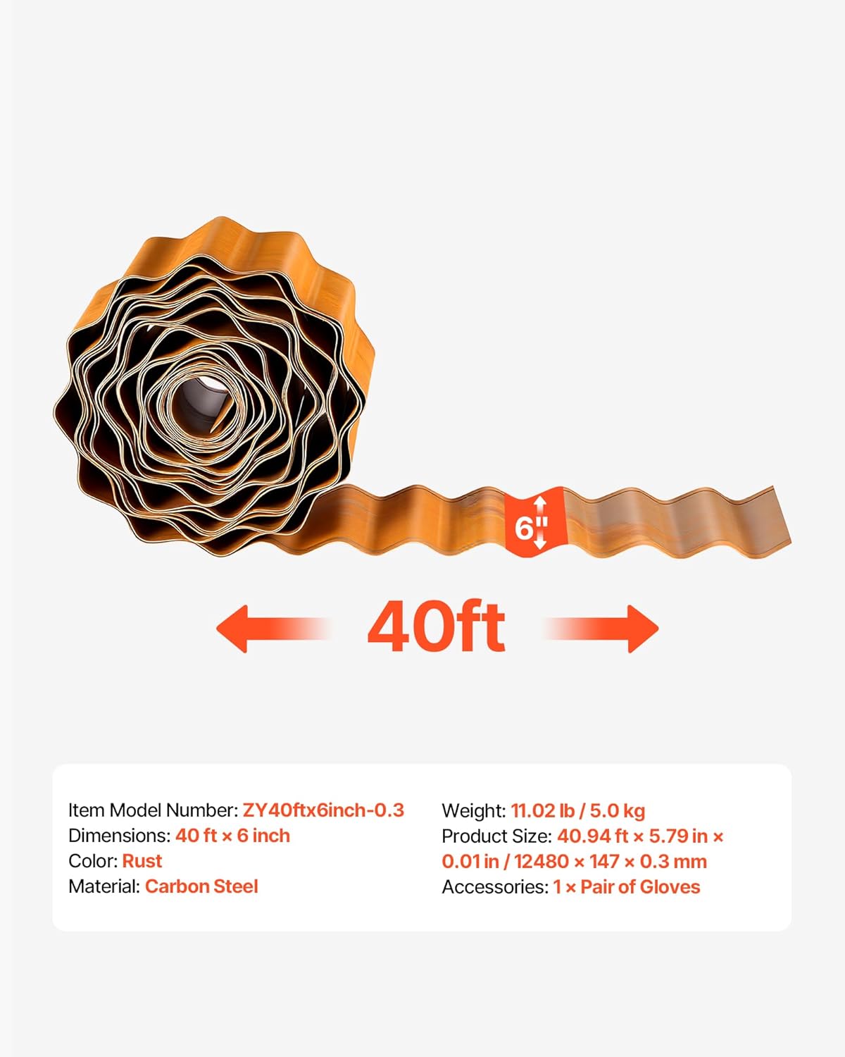 VEVOR Carbon Steel Landscape Edging, 40 ft x 6 in Steel Edging for Landscaping with Gloves, Easy-to-Install Bendable Metal Strips, Metal Garden Edge Border for Flower Bed, Yard Pathway, Rust