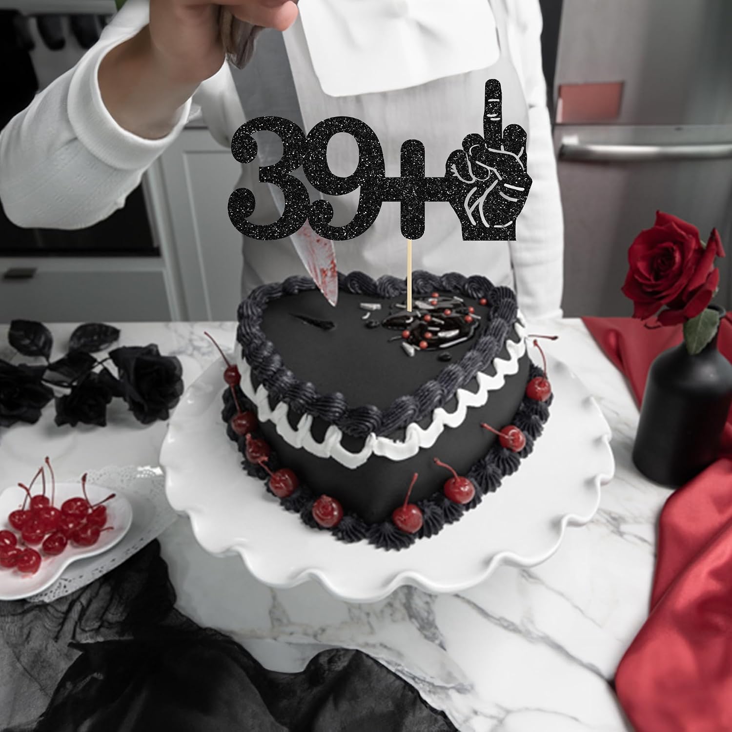 Ephlyn 1Pc 39+1 Black Glitter Cake Topper 40th Birthday Party Cake Decorations for Funny Forty Years Old Birthday Party Supplies