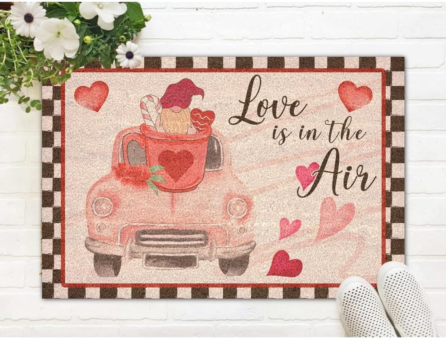 Valentines Day Love is in The Air Coir Mat with Heavy-Duty Small Rugs Standard Welcome Mat Gnome Red Truck Farmhouse Spring Welcome Mat Home Entryway Farmhouse Decor Housewarming Gift 24x36in