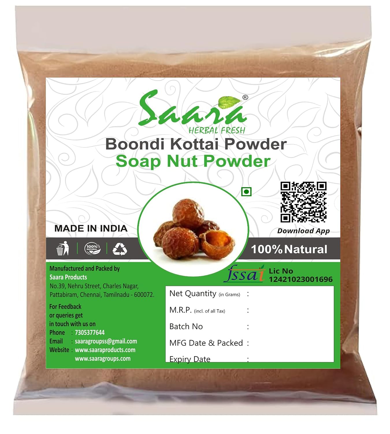 Saara HERBAL FRESH Soapnut Powder,101g, Boondi Kottai, Kumkudukaya ...