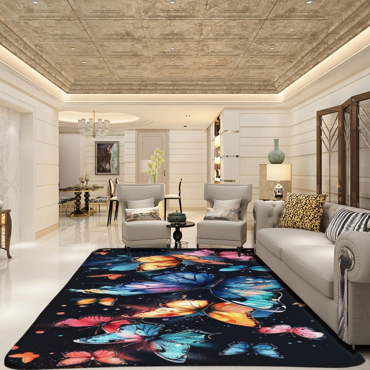 Black Background Dreamy Mysterious Cartoon Realism Colorful Butterfly Watercolor Carpet, Soft and Comfortable Flannel Fabric, Living Room, Dining Room, Bedroom Home Decoration 2' x 3'