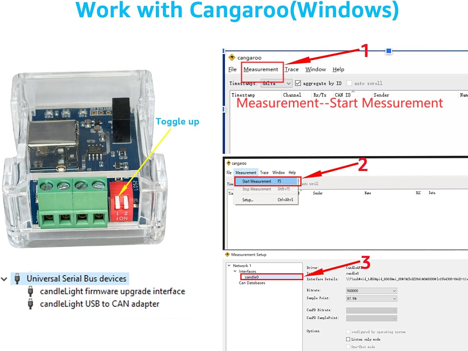 DSD TECH SH-C31G adapter connected to a computer, showing Cangaroo software interface for CAN bus measurement.
