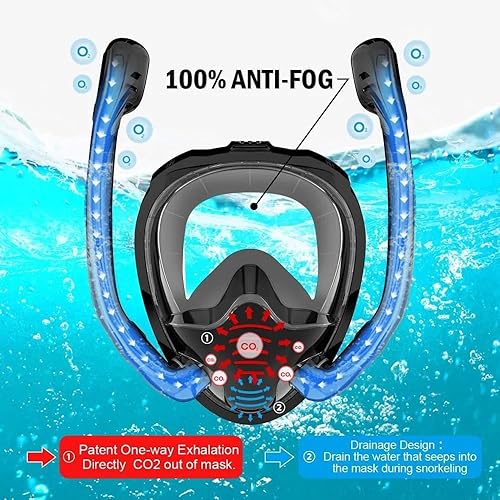 Miniatura 6 de Máscara de esnórquel, máscara de buceo de cara completa, separación de respiración de doble tubo, antiniebla antifugas, ultra gran angular de 180