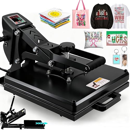 Whubefy Upgraded Heat Press 15x15 Slide Out, Industrial-Quality Digital Sublimation Heat Transfer Machine w/5 DTF Transfer Sheets, Clamshell Heat Press Machine for T-Shirts, Bags, Mouse Pads & More