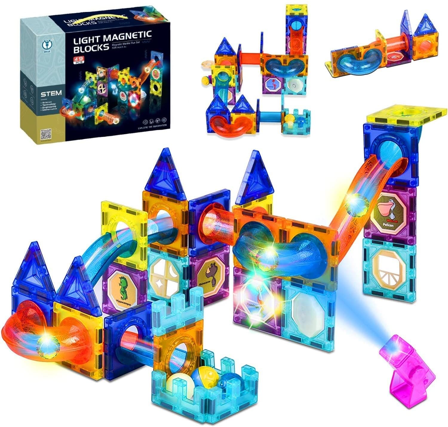 49 Pcs Light Magnetic Tiles- Building Blocks for Kids 3D STEAM Educational Toys, Magnetic Marble Run/Toys for Kids Age 3 +Year Old Boys Girls Creative Gift Multicolor