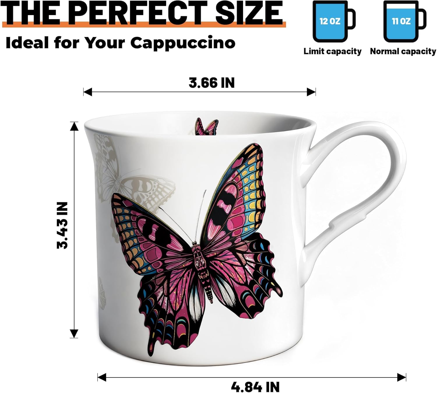 Ceramic Coffee Mugs Set of 4, 12 Oz Butterfly Pattern, Microwave and Dishwasher Safe, Comfortable Handles, Gifts for Women and Men, for Coffee, Tea, Latte, Cappuccino - Image 2