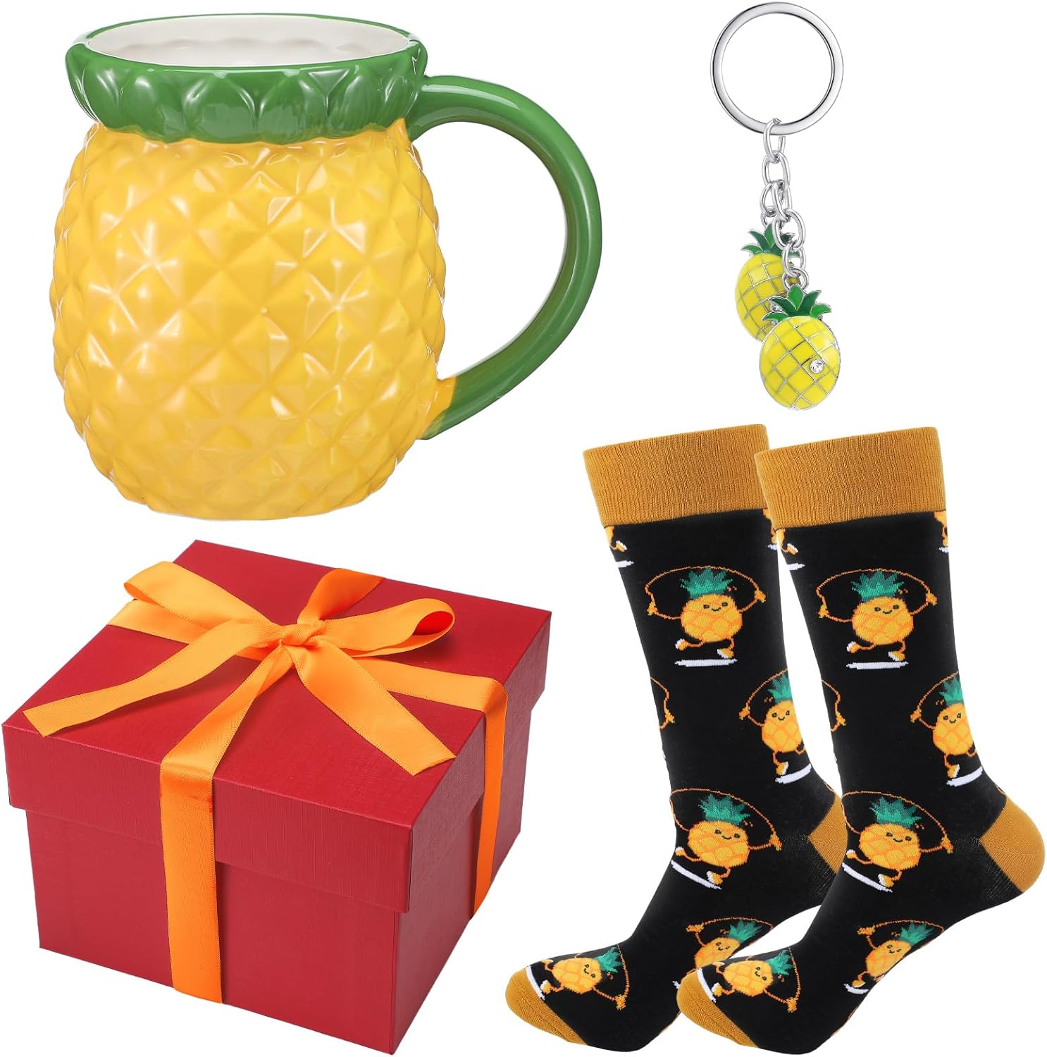 3 Pcs Christmas Fruit Gifts Set Include Ceramic Coffee Tea Mug with Handle 1 Pair Crew Socks and Cute Keychain for Advent Calendars Christmas Birthday Friend Fruits Lovers Gift(Pineapple)
