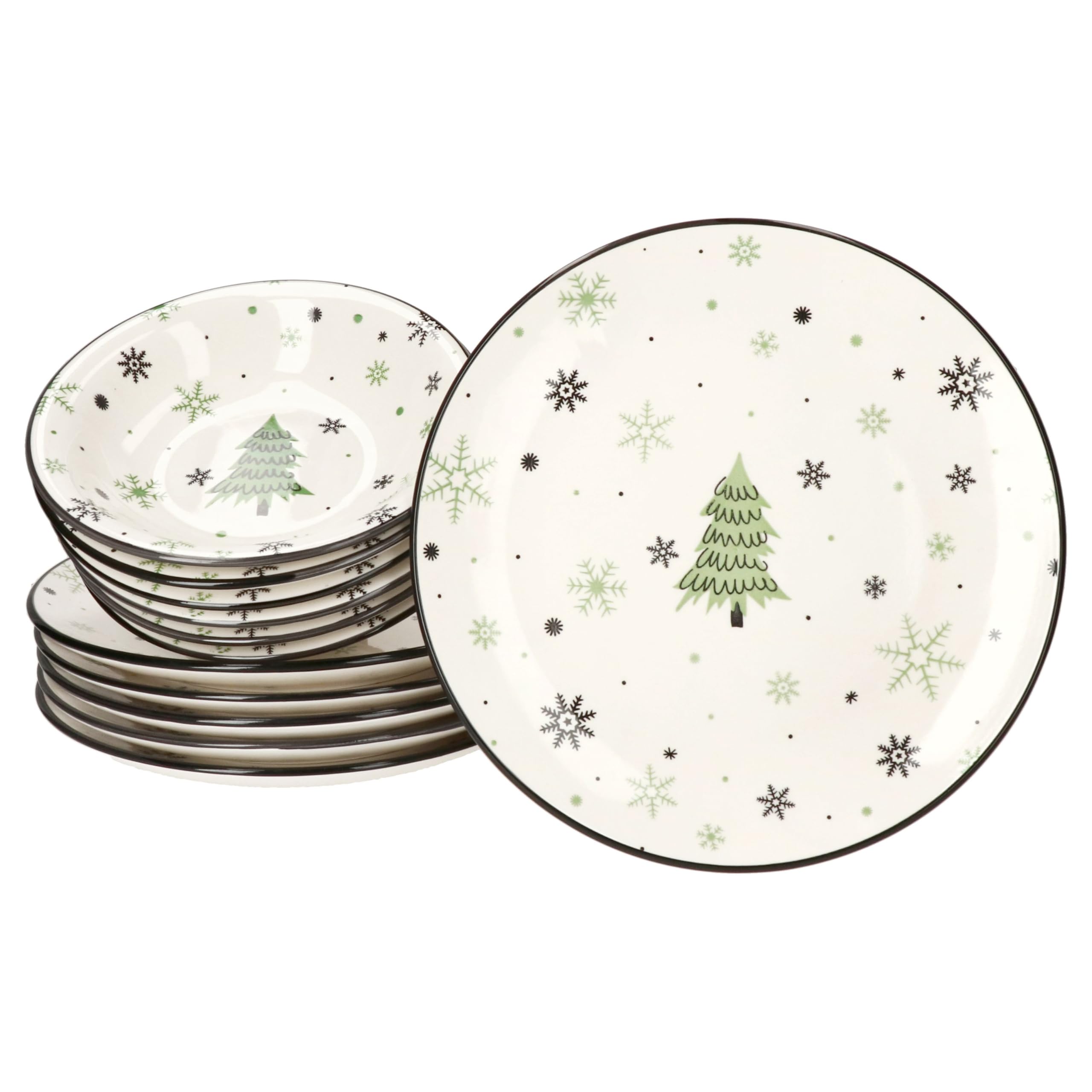 MamboCat Weihnachtsbaum 12tlg Tafelservice I Steingut-Geschirr für 6 Personen mit Tannenbaum & Schneeflocken I 6x flache Speiseteller & 6x tiefe Suppenteller 450ml