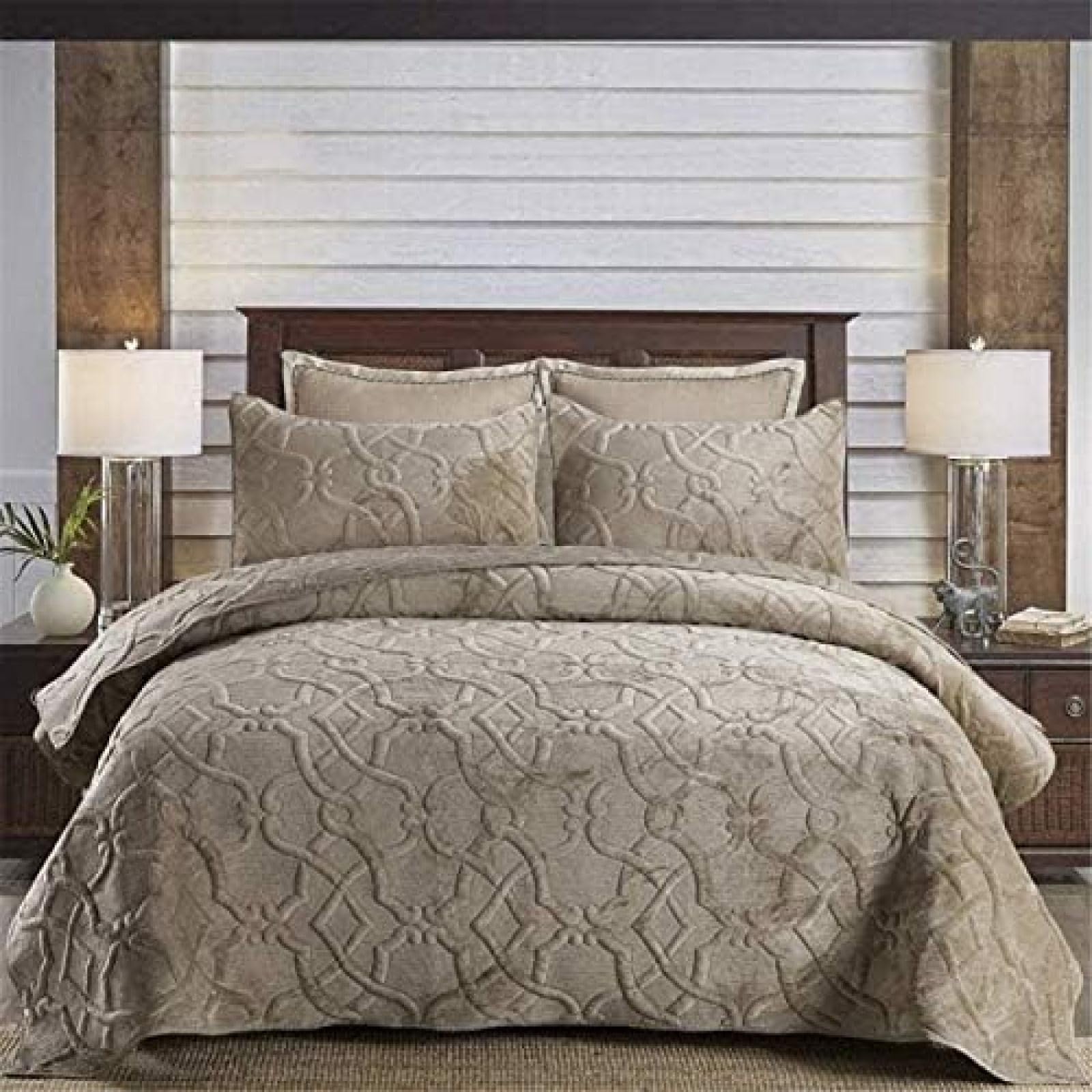 3-teilige Gesteppte Tagesdecke, Samt-Tagesdecke, Baumwollfutter, Decke, 100% Dekoration, Steppbett-Set, Groß,Braun,224X234+2X51X71CM,Picturesque234