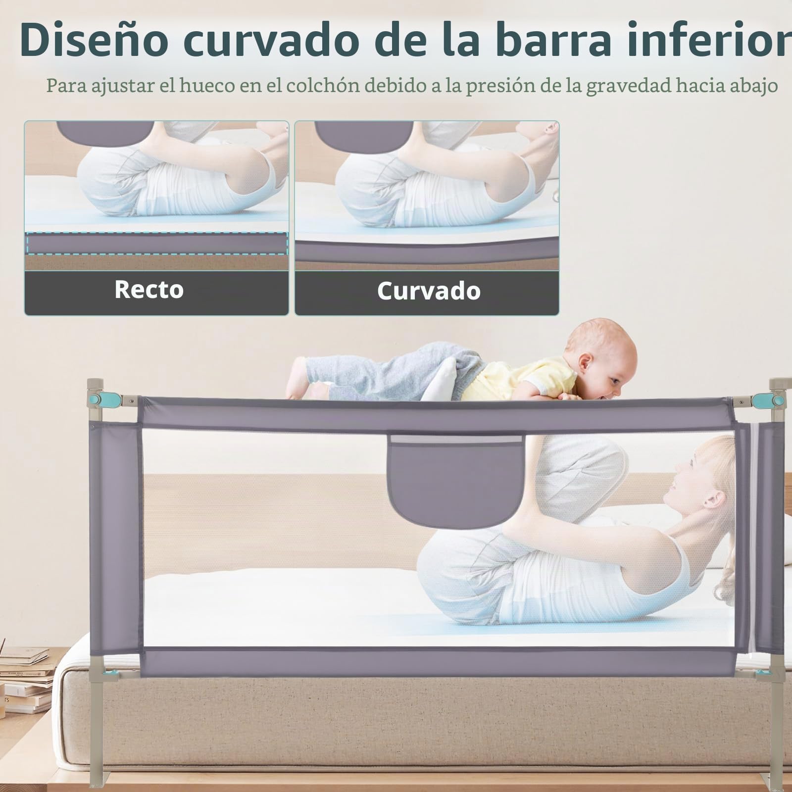 Barrera Seguridad Niños Cama, Barandilla Cama 150/180/200cm, Protección Anticaídas con Malla Transpirable, Barandilla Regulable en Altura 69-98 cm, Pasamanos con Bolsillo Lateral, Apto para Boxspring