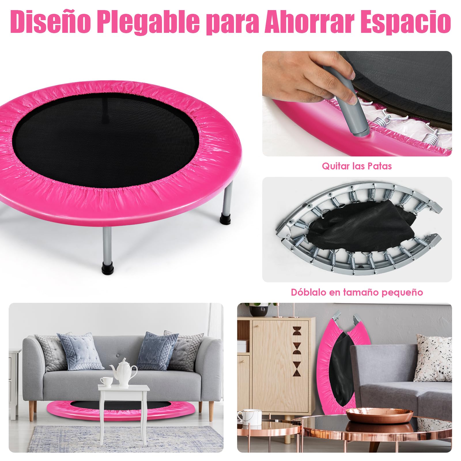 GOPLUS Mini Trampolín Fitness Plegable, Silencioso Trampolín Deportivo para Interior y Exterior con Alfombra de Seguridad, Carga Máxima 150KG, para Adultos y Niños
