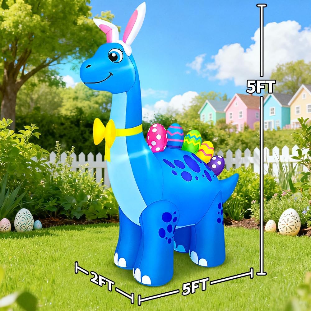 KOOY 5FT Easter Inflatable Dinosaur with Cute Bunny Ears & Egg, Easter Blow Ups Outdoor Decoration Build-in LED for Outdoor Lawn Yard Holiday Party Art Decor - Image 5