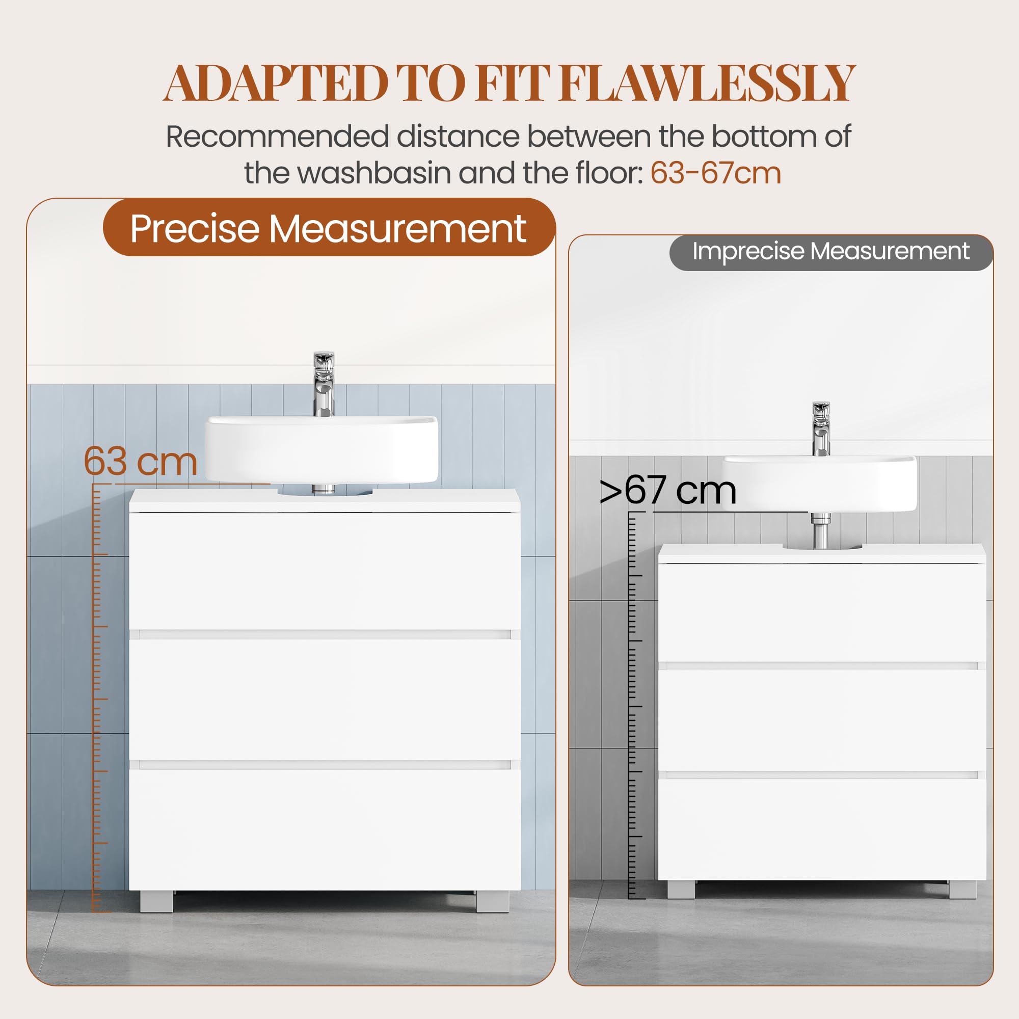 HEXCELEN Mueble Bajo Lavabo, Mueble Baño con 3 Cajones, Armario de Baño, con Patas Elevadas, para Lavabo Sin Reborde, Moderno, 30 x 60 x 63 cm, Blanco
