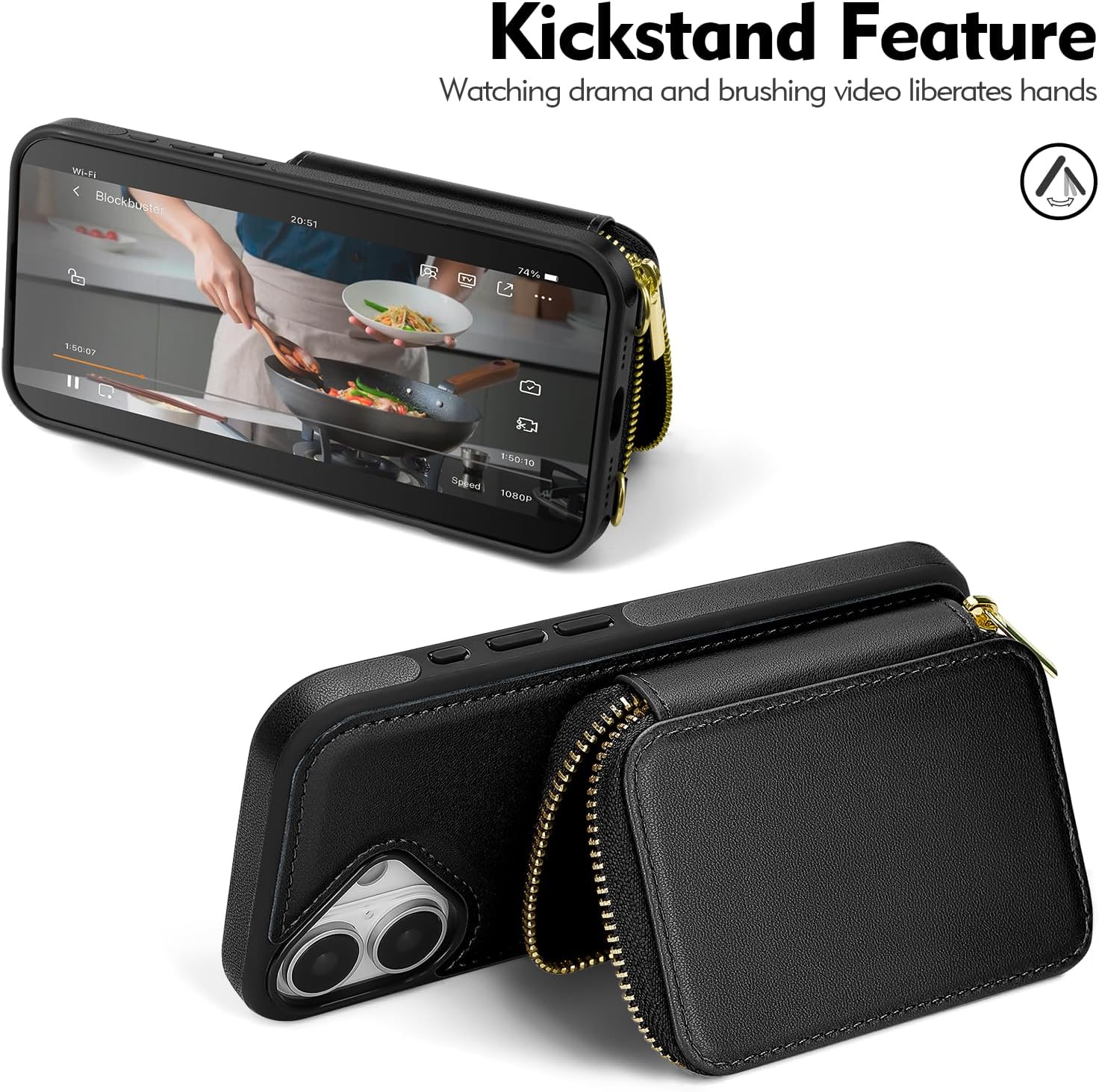 Compatible with iPhone 17 Wallet Case Women,RFID Blocking Crossbody Phone Purse Case PU Leather Zipper Handbag Wrist Strap Cover Credit Card Holder,for Apple 17 6.3",Black - Image 5