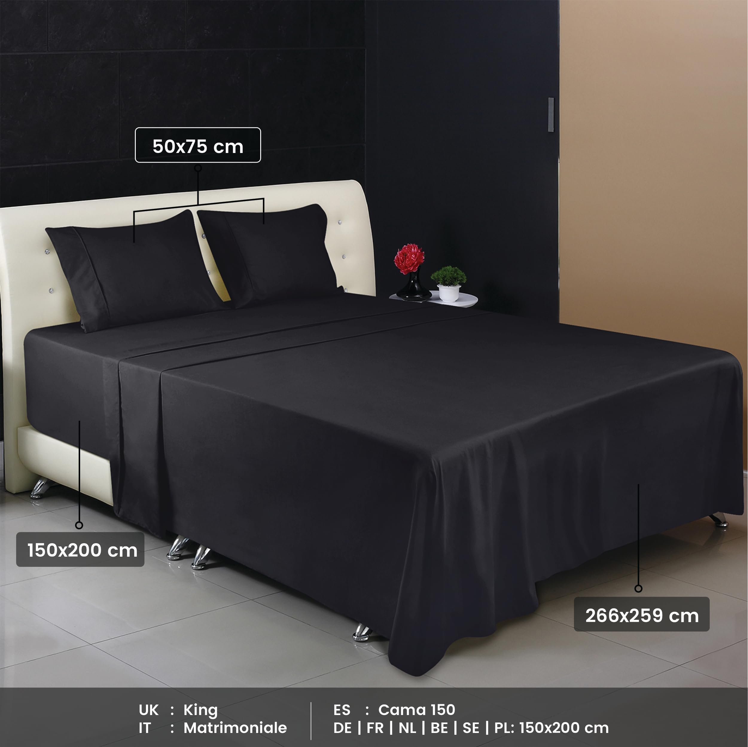 Utopia Bedding - Set Lenzuola Matrimoniali 4 Pezzi 150x200 cm - Set Lenzuola Letto, Spazzolata Poliestre di Microfibra - Lenzuolo con Angoli, Lenzuolo Piatto e 2 Federe 50x75, Nero