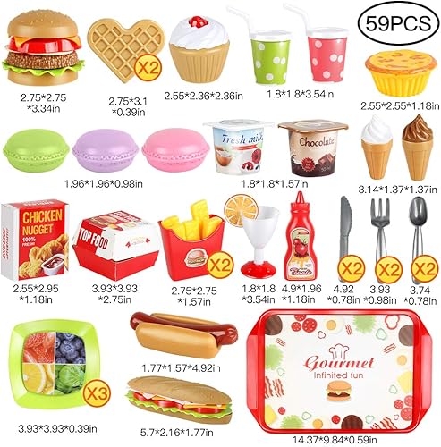 Miniatura 2 de Juego de comida rápida, juego de 59 piezas de juguetes de cocina para juegos de simulación, accesorios de juego para niños pequeños, alimentos