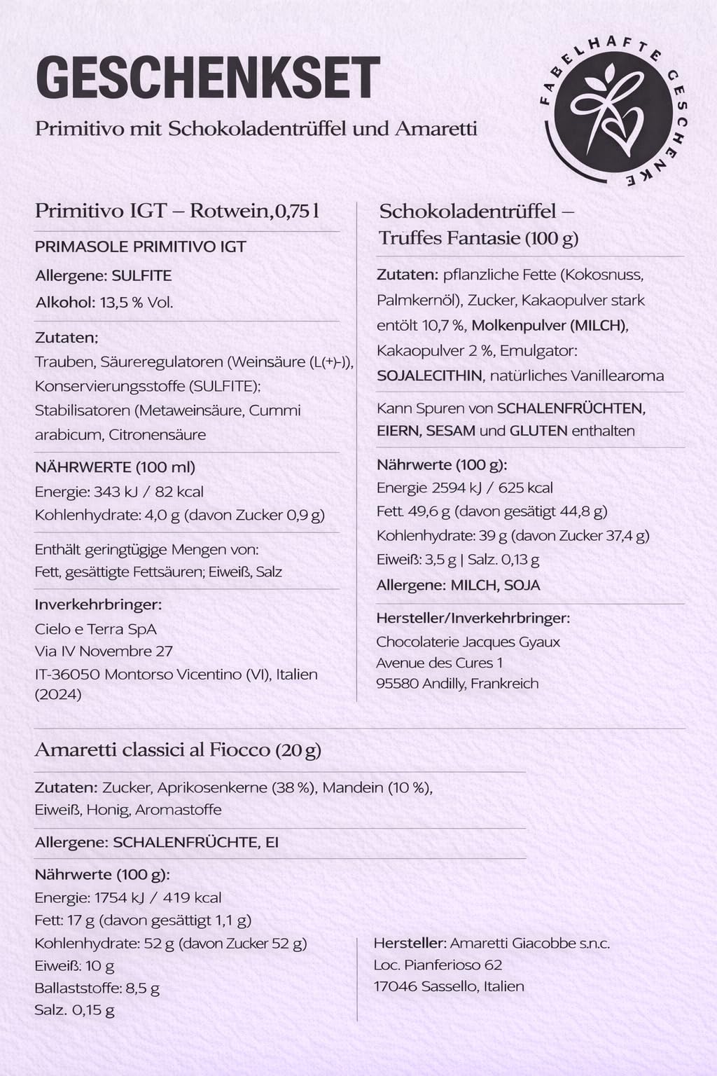Geschenkset Rotwein Primitivo mit feinsten Schokoladentrüffeln und Amaretti | Ein Weingeschenk für Männer & Frauen zu Geburtstag, Hochzeit, Weihnachten, Jubiläum
