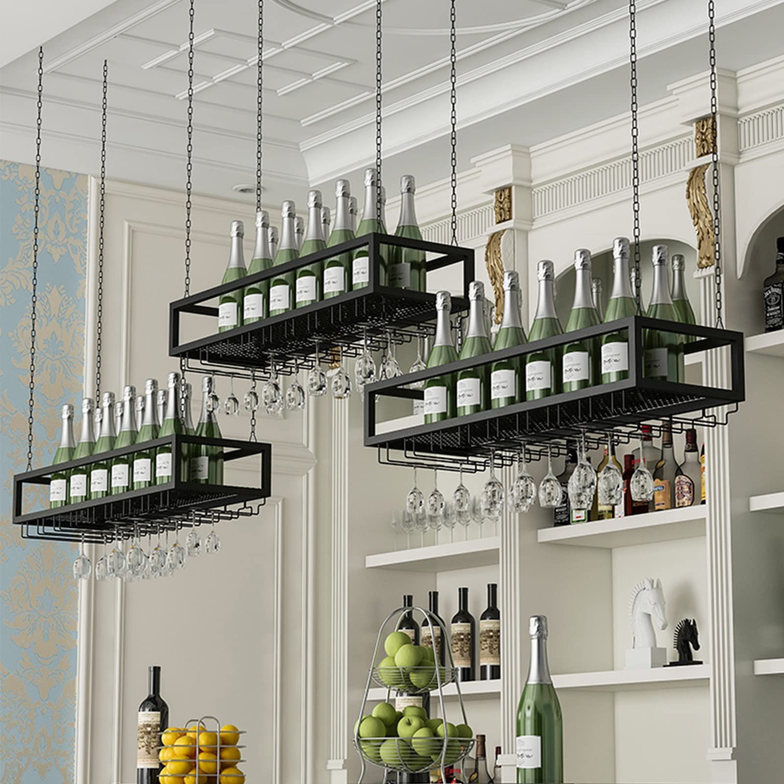Botellero Colgante de Metal Negro para Bares y restaurantes. Soporte para Copas de Vino y Copas de Techo. Cadena de Hierro Decorativa. Portabotellas (100 x 25 x 20 cm).