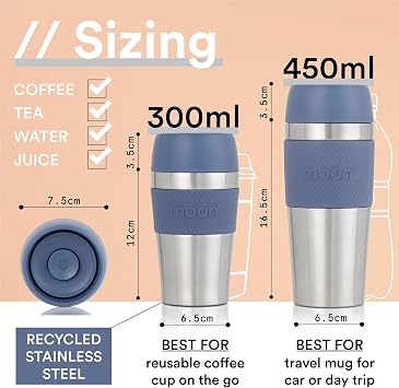 Moon 360° Travel Mugs - Leakproof Reusable Coffee Cup for Hot Drinks - Insulated Stainless Steel Thermal Mug, Fits Car Cup Holders (450ml, Recycled Metal/Blue)