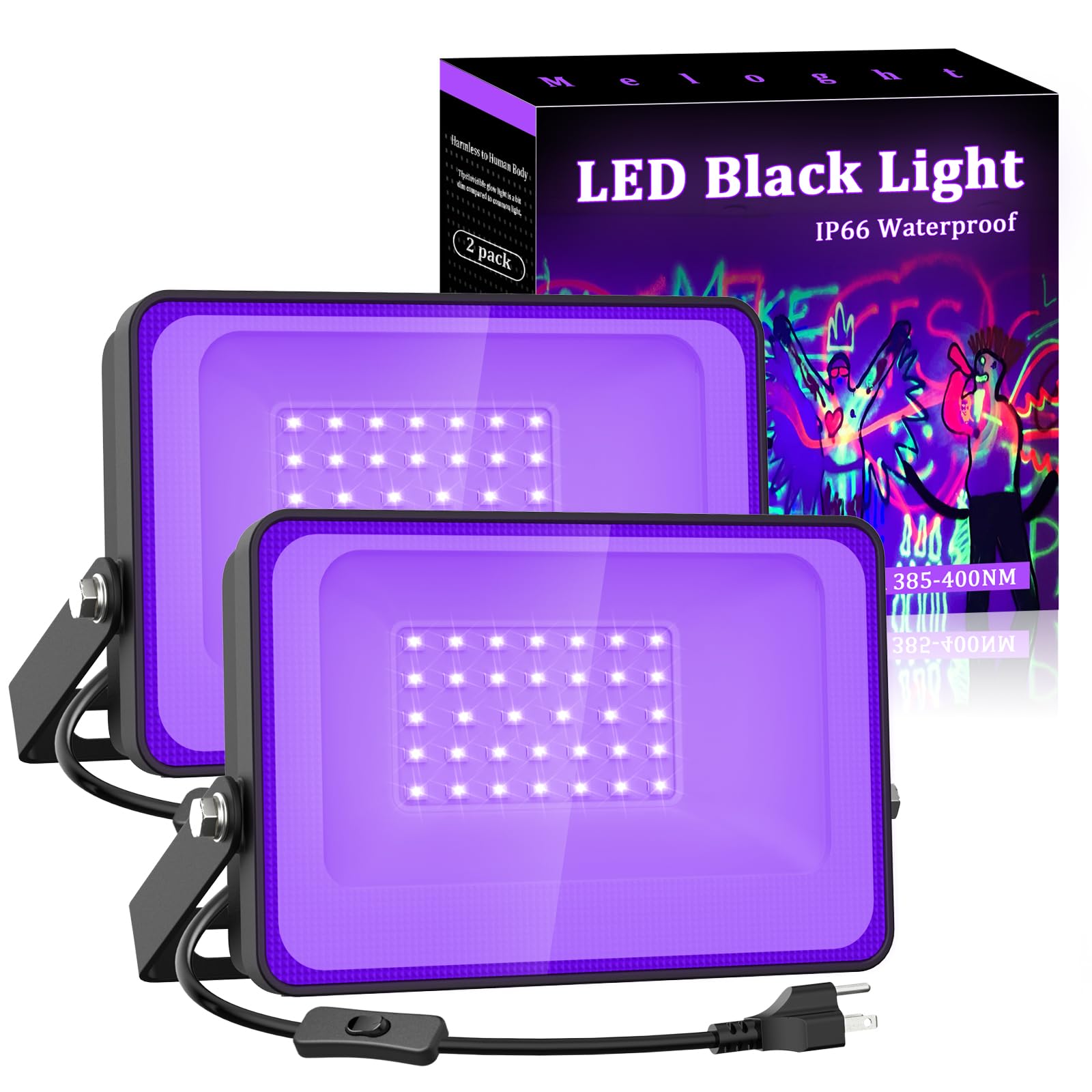 Meloght 30W LED Black Light, 35 LEDs Blacklight Flood Light with Plug and Switch, Light Up 200sq.ft, IP66 Waterproof Glow Light for Party, Halloween, Bedroom, Stage Lighting, Florescent Poster, 2 Pack