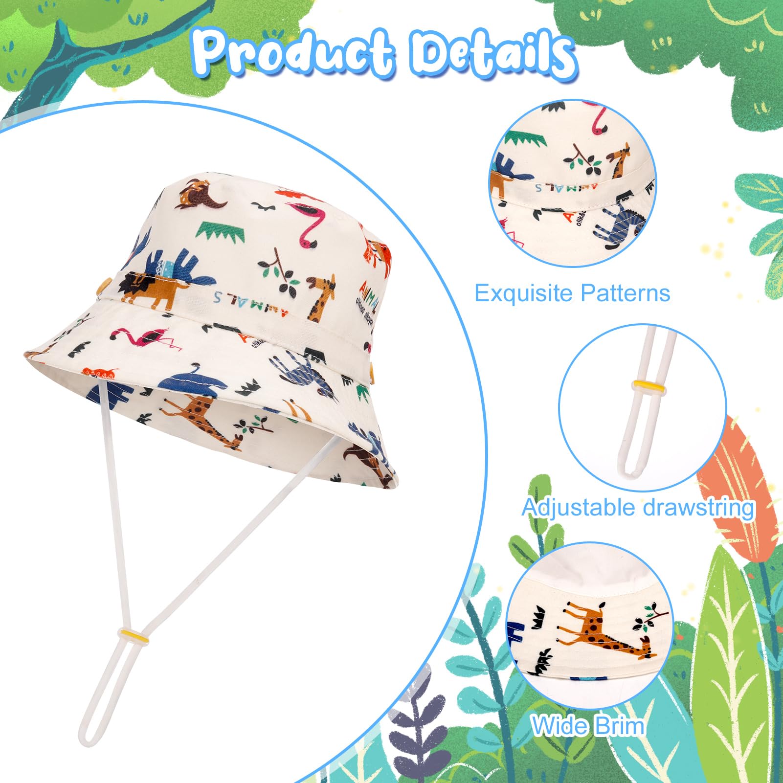 2 Pieces Toddler Sun Hat Kids Bucket Sun Hat Baby Cute Print Summer Hat with Adjustable Head Drawstring and Chin Strap Outdoor Kids Summer Protection Bucket Hats — view 3