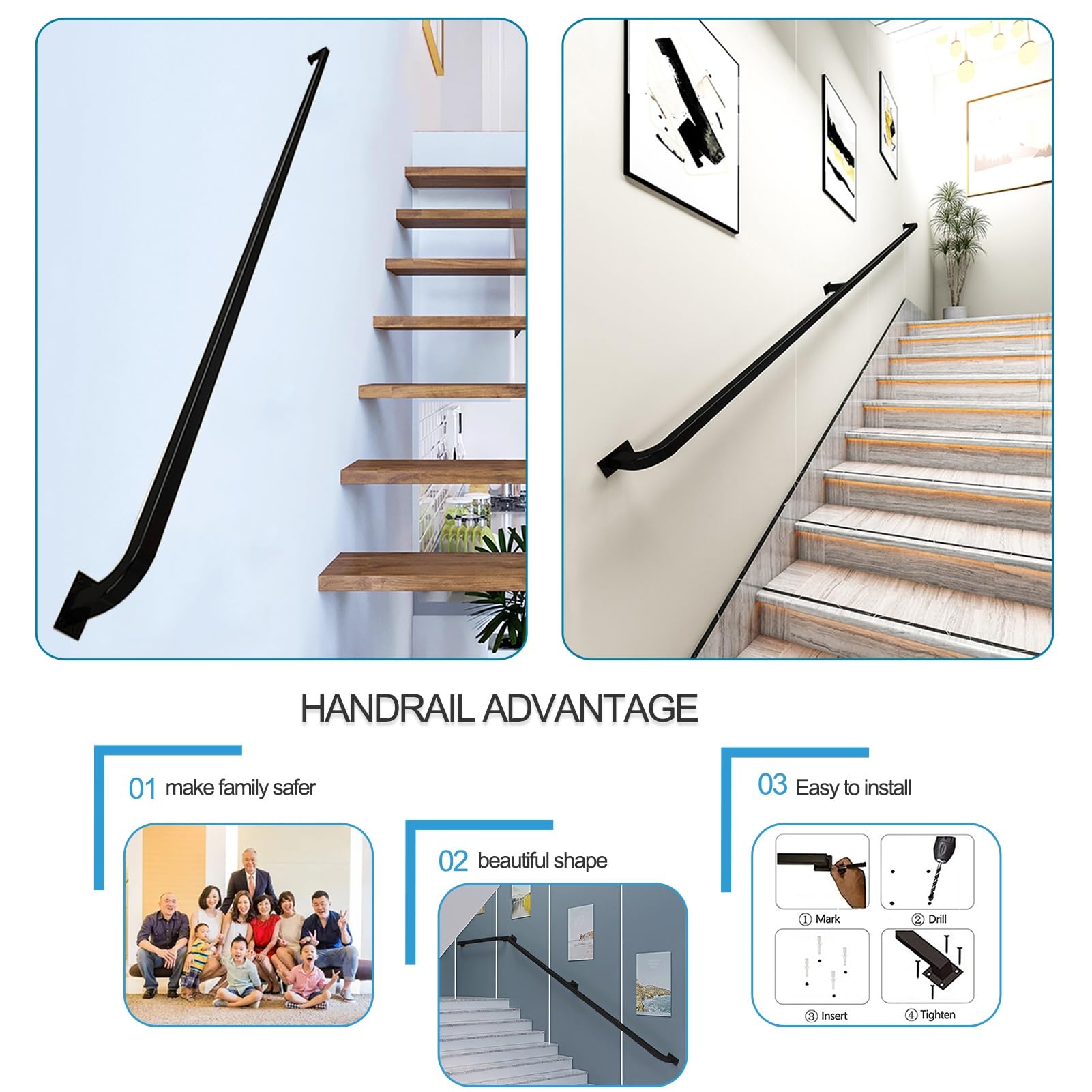 Pasamanos de tubo industrial negro para escaleras interiores y exteriores, pasamanos de escalera de tubo cuadrado, barandilla de pared, acero galvanizado negro