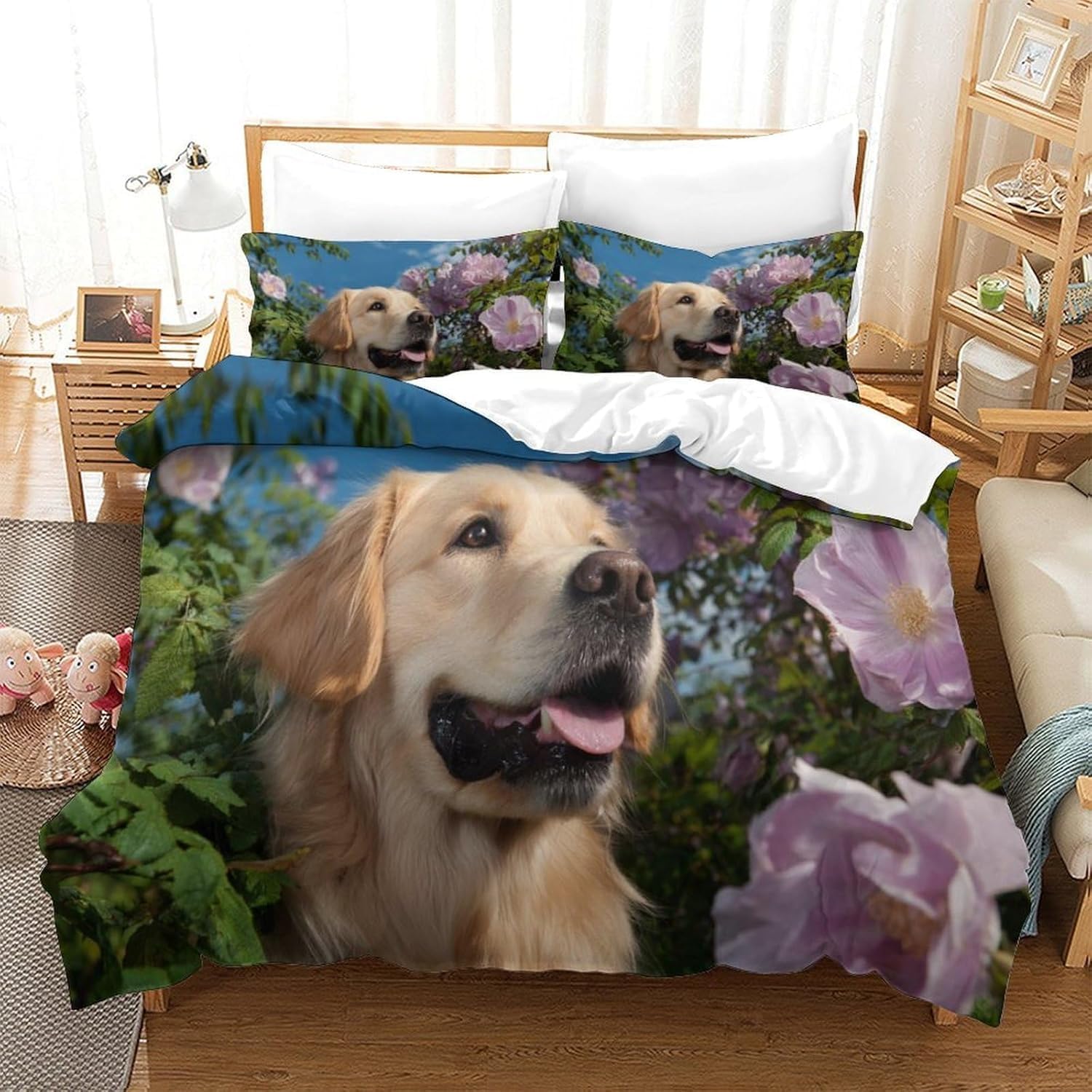Funda Nórdica Cama 135/150 Golden Retriever Impresión 3D Microfibra Suave Ropa de Cama Animales y Mascotas Adorables Funda Edredon 220x240 cm con Cremallera y 2 Fundas de Almohada 50x75 cm k.7405