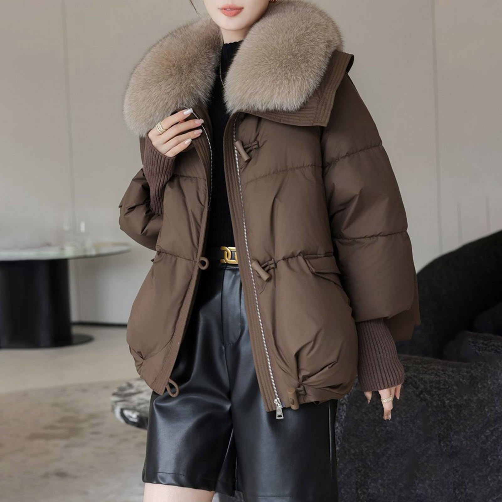 Veste thermique pour femme - Col bouffant - Parka ample - Chaude - Veste de neige épaisse - Poche zippée - Faux vêtement d'extérieur pour femme