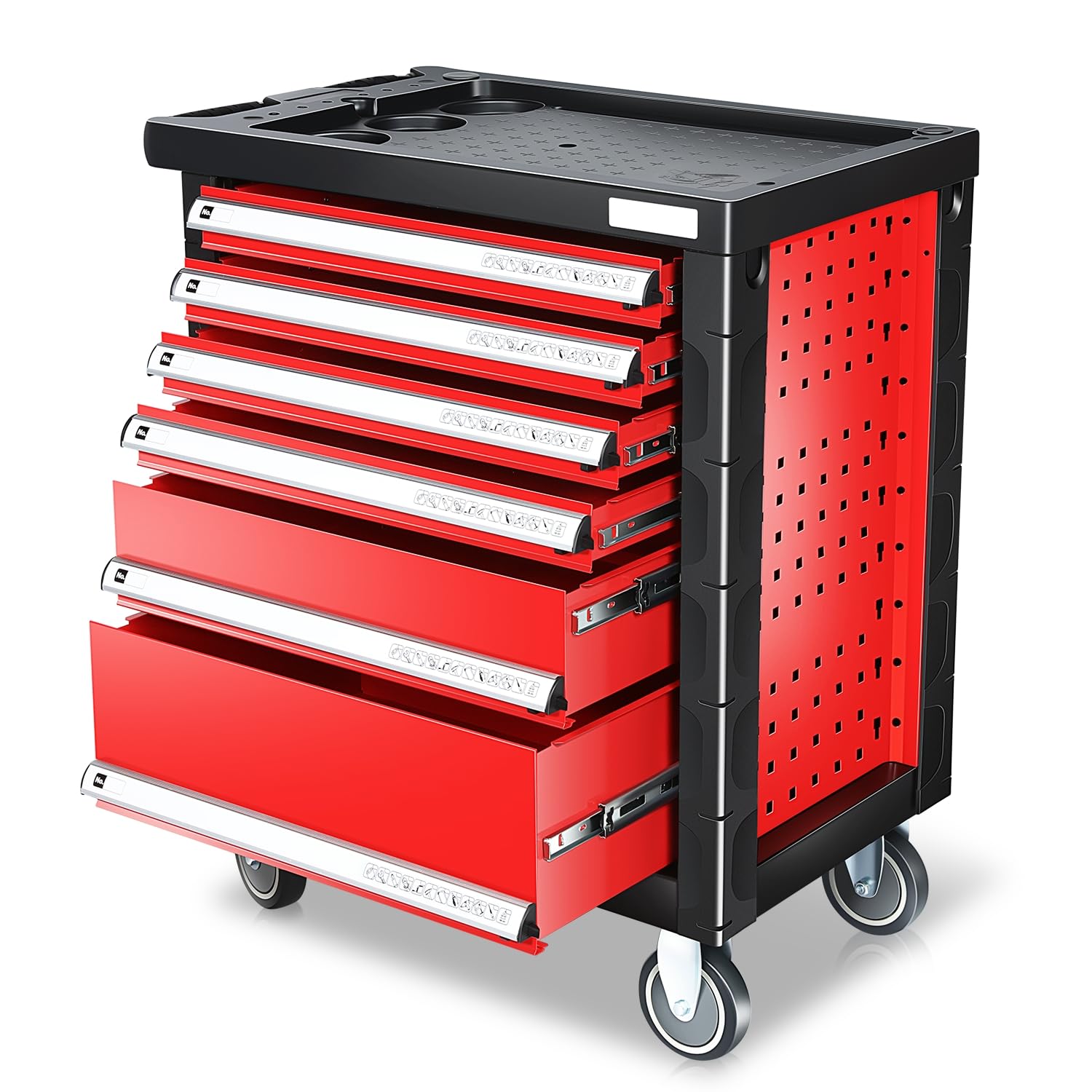 Auto Dynasty Universal Red 6 Drawer Plastic Top Tray Powder-Coated Steel Roller Cabinet for Garage Warehouse Home Office Workshop Repair Tools