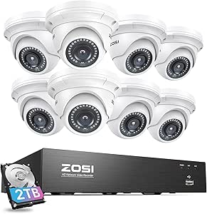 ZOSI 4K PoE Security Camera System with 2TB Hard Drive, 8 Ports 16CH 8MP NVR Recorder, 8pcs 3K 5MP Outdoor Indoor Home PoE Dome Cameras, Night Vision, Motion Alert, Remote Access, for 24/7 Recording asin的图片