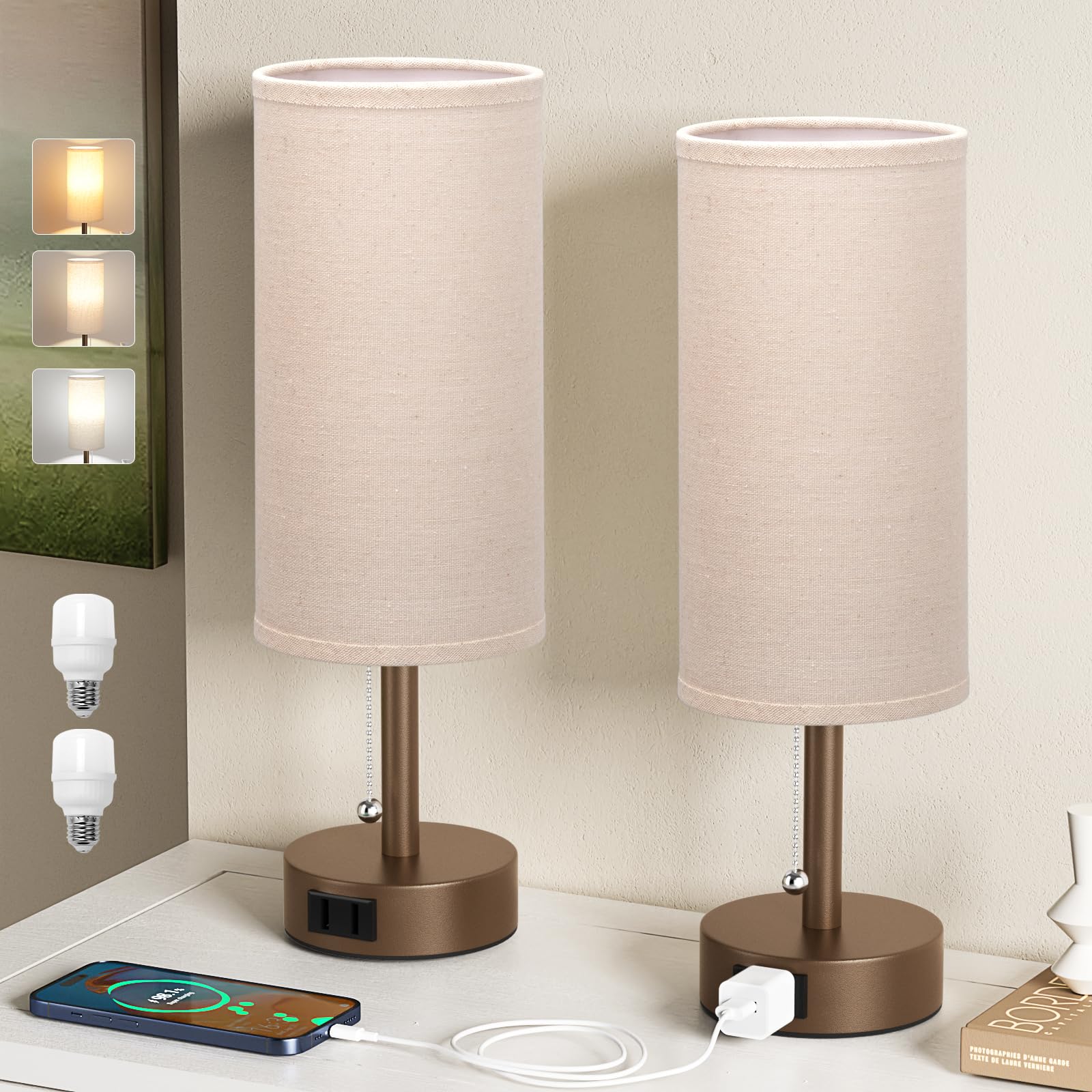 Brown Bedside Table Lamps Set of 2 - Bedroom Lamp for Desk, AC Outlet