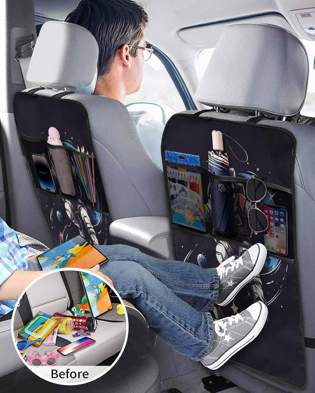 T&H XHome Car Seat Protector, 2 Pack Kick Mats with Organizer - 3 Pocket Storage, Sports Theme Watercolor Astronaut Play Football Back Seat Cover for Kids Universal Fit Automotive Interior Protectors