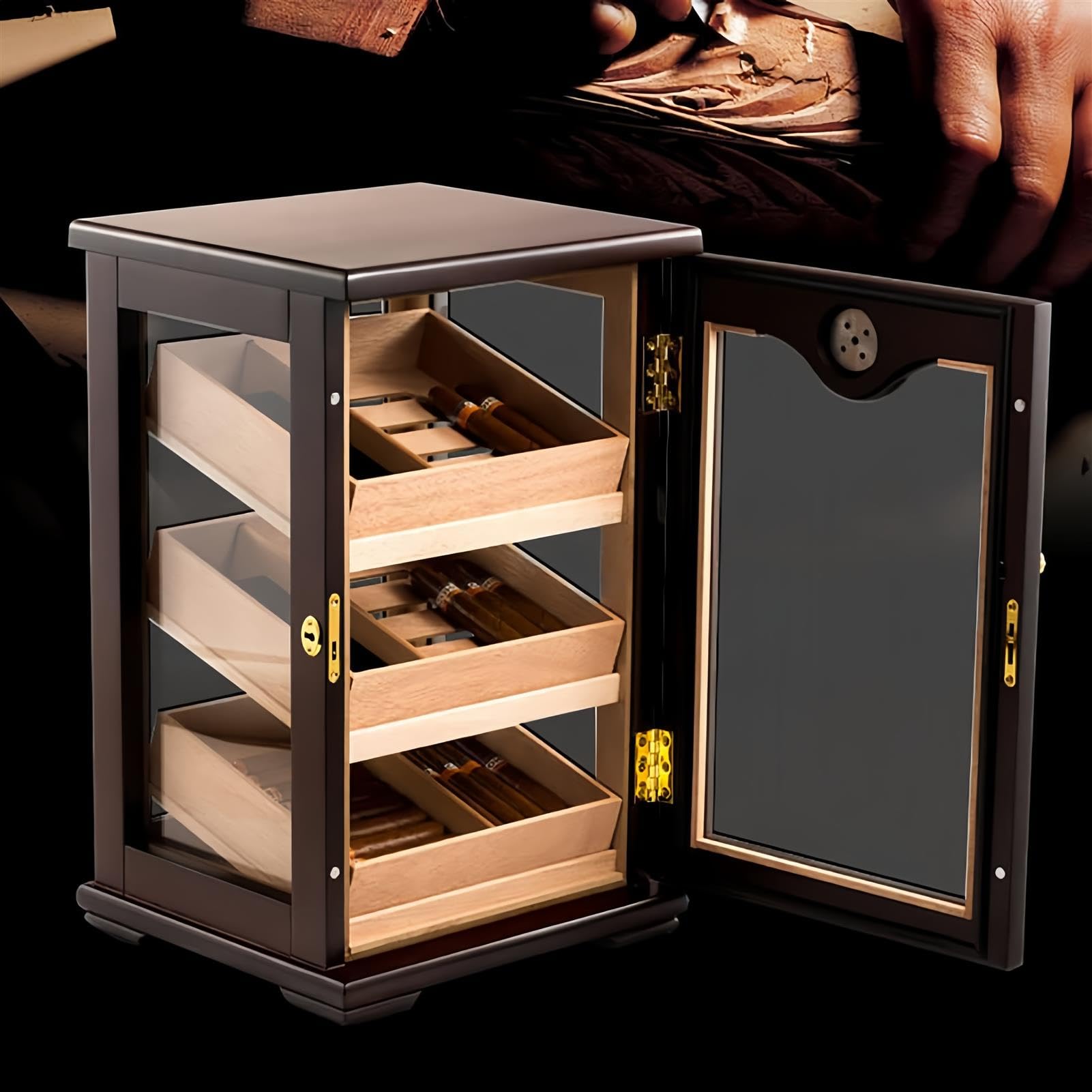 Gabinete de humidor de Madera de Cedro Hecho a Mano con Puerta de Vidrio y 3 cajones Grandes, Ideal para el Almacenamiento y Regalo de cigarros