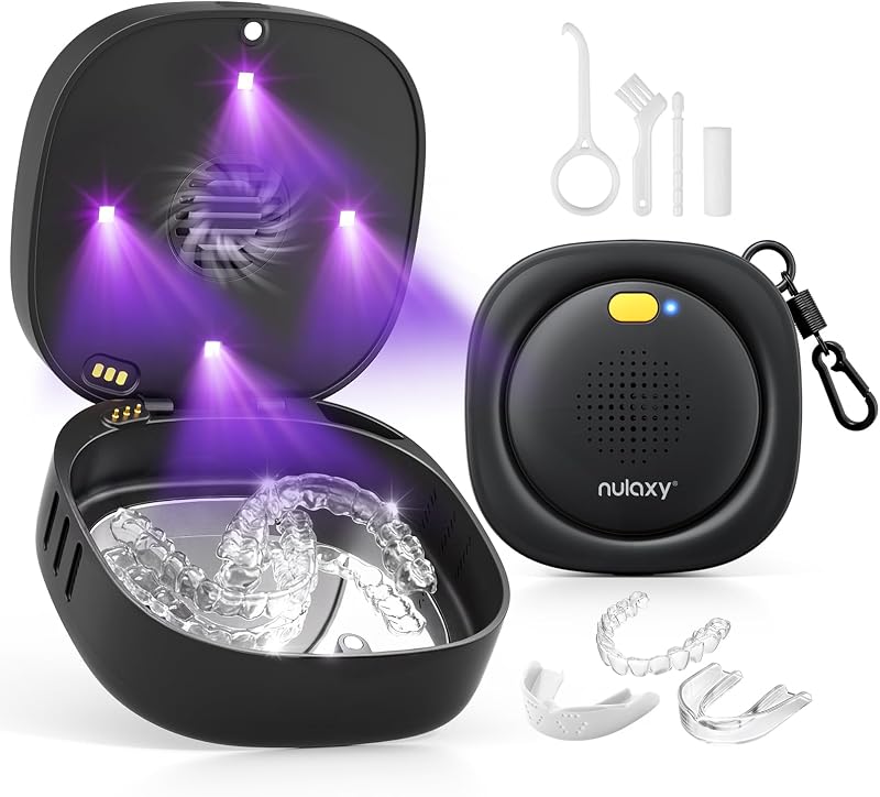 Nulaxy UVC Retainer Case with Fan, Dual Vent Holes & Built-in Mirror, Black | Two Cleaning Modes, Dry & Odor Control, 1500mAh Battery, Removal Tool & Brush Included, Compatible with Invisalign, Retainer