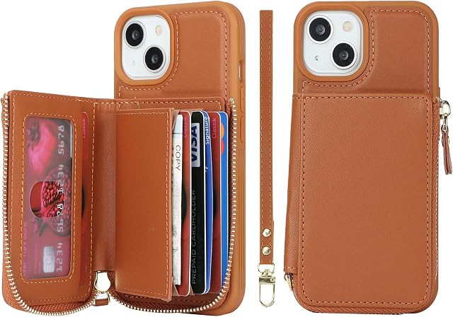 Zouzt iPhone 14 Wallet Case iPhone 13 Case with Card Holder iPhone 14 Case with Zipper Wrist Strap, PU Leather Purse Style Shockproof Protection Phone Cover for iPhone 14 / iPhone 13 6.1 Inch (Brown)