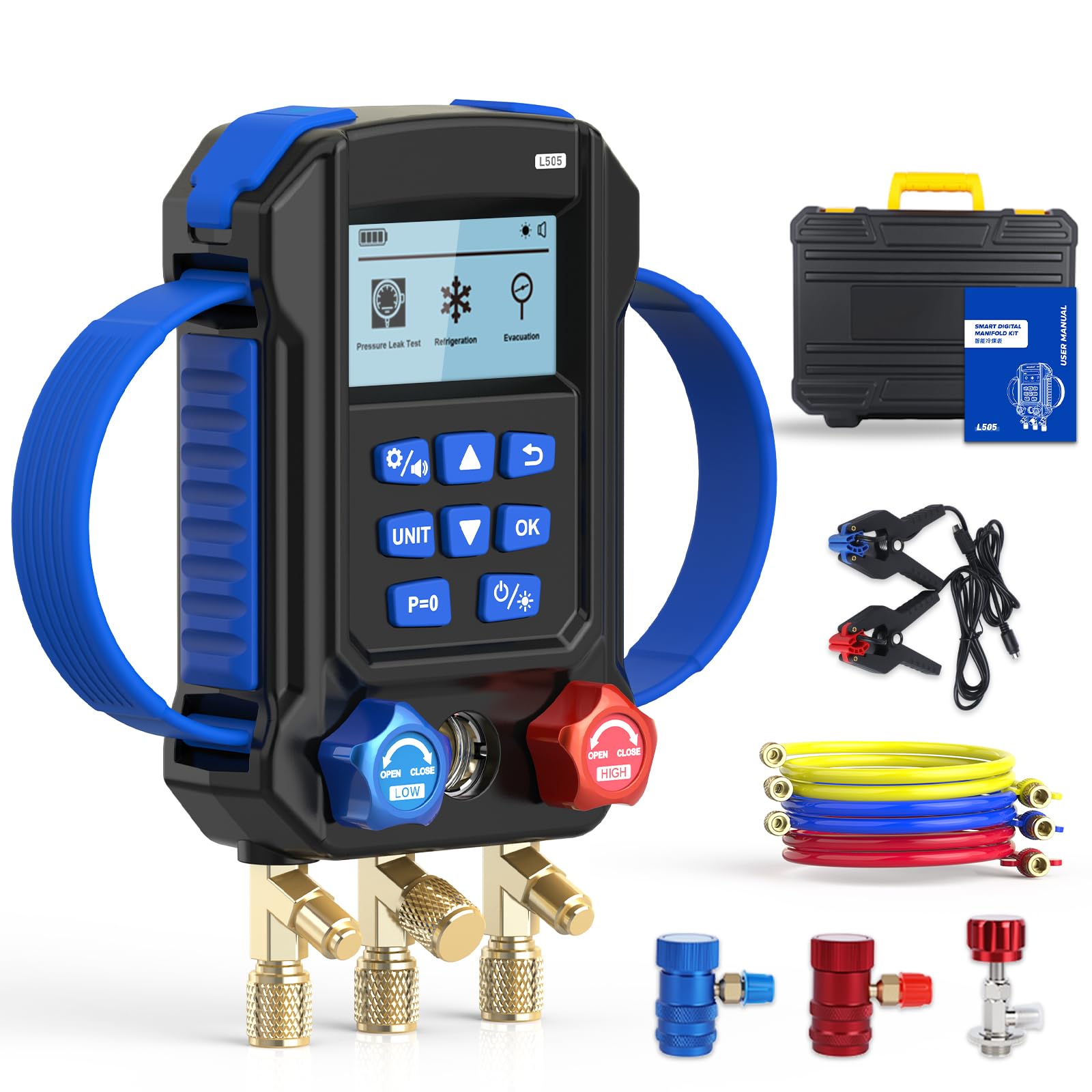 BELEY L505 Manometros Aire Acondicionado para 95 Refrigerantes, Juego de Manómetros Digitales Con Pantalla de 2,8 Pulgadas, Vacuometro Digital apto para Doméstico, Comercial, Auto HVAC