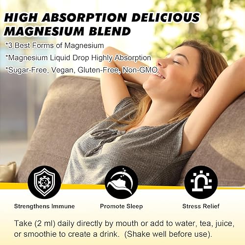 Miniatura 5 de Complejo de glicinato de magnesio de 500 mg, gota líquida de magnesio con citrato de magnesio, calcio, potasio, vitamina D3, zinc, suplemento de