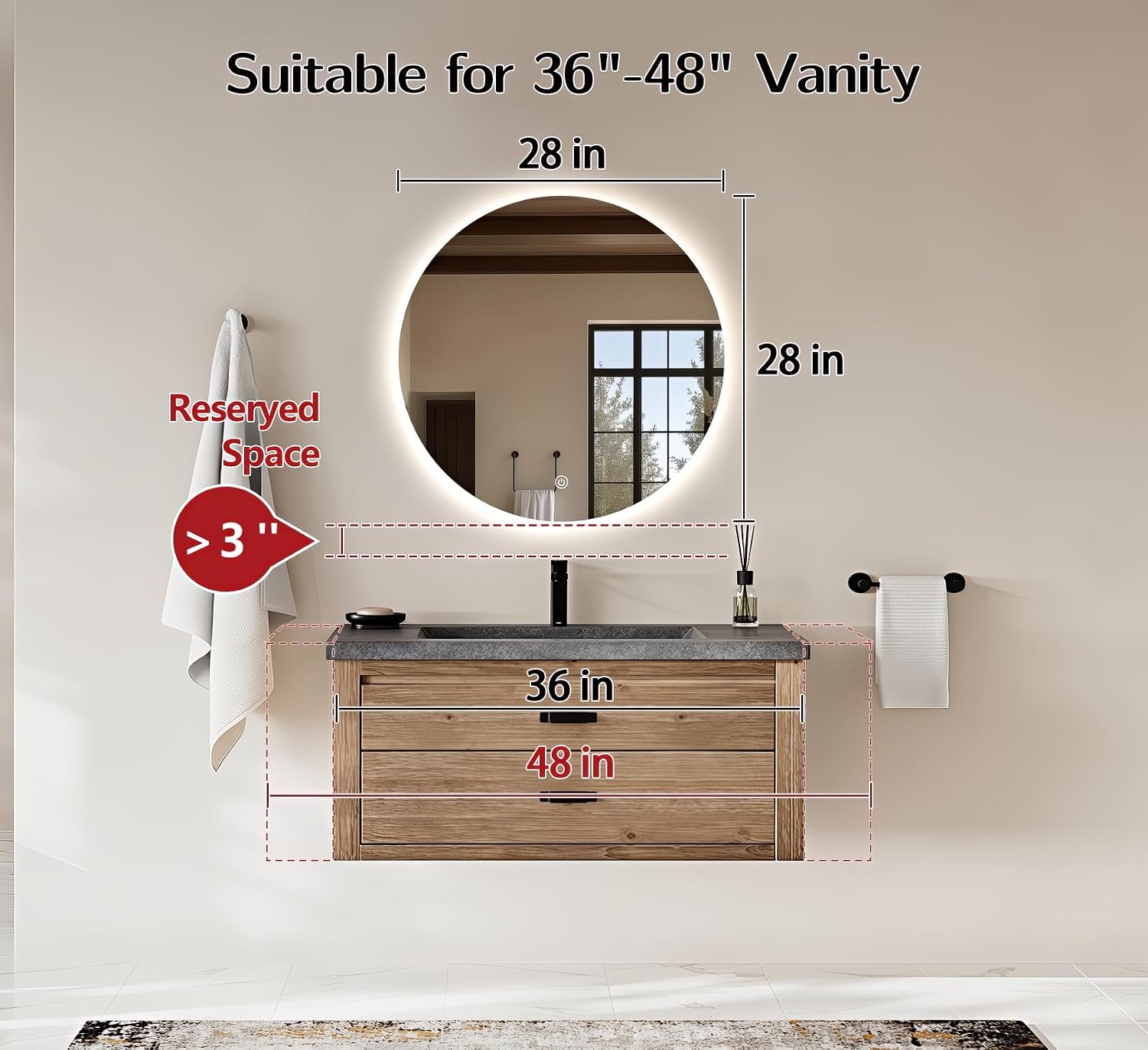 Niccy Round LED Bathroom Mirrors with Lights, Backlit Wall Mirror, 28" image 3