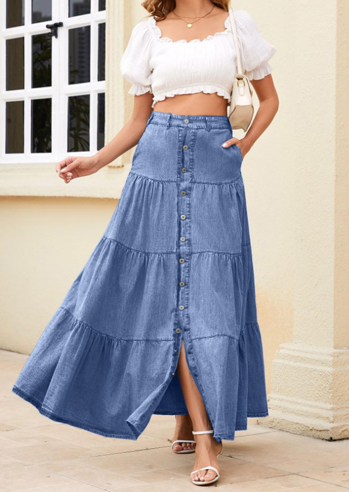 loveimgs Jupe longue en jean taille haute élastique pour femme avec boutons et volants, poche patchwork Y2k