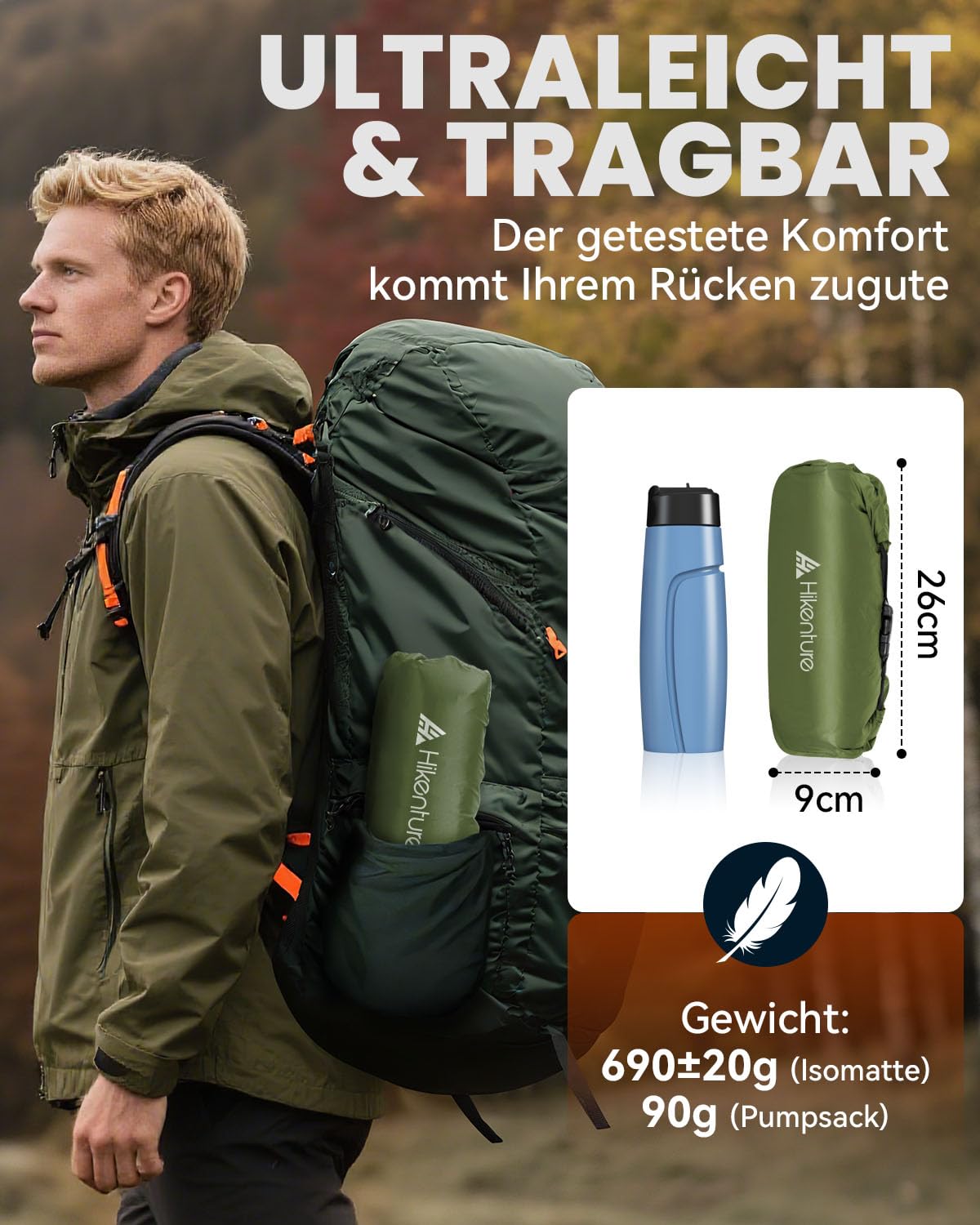 HIKENTURE Isomatte Camping R-Wert 6,2, 8CM Dicke Luftmatratze 198×64cm | Kleines Packmaß, Ultraleicht, mit Pumpsack, geeigent für 4 Jahreszeiten, Effektive Isolierung gegen Kälte Outdoor