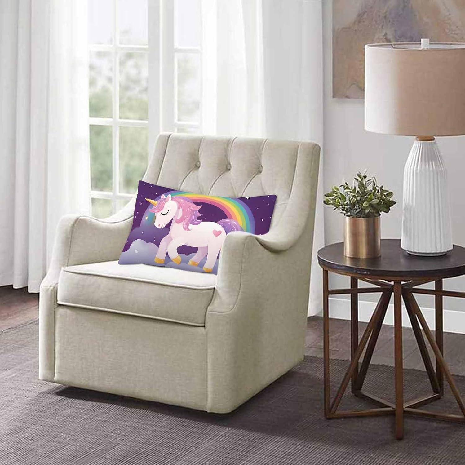EKOBLA Throw Pillow Cover Unicorn with Happy Birthday Make A Wish Hand Drawn Letter Quote Animal Dots Rainbow Stars Decor Lumbar Pillow Case Cushion for Sofa Couch Bed Standard Queen Size 20x30 Inch image 2