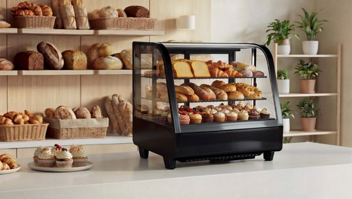 Image of Certified Commercial Refrigerator, 3.6 Cu.Ft Countertop Refrigerator Refrigerated Display Case with Curved Glass & Auto Defrost, Freestanding Bakery Display Case for Cafe & Restaurant
