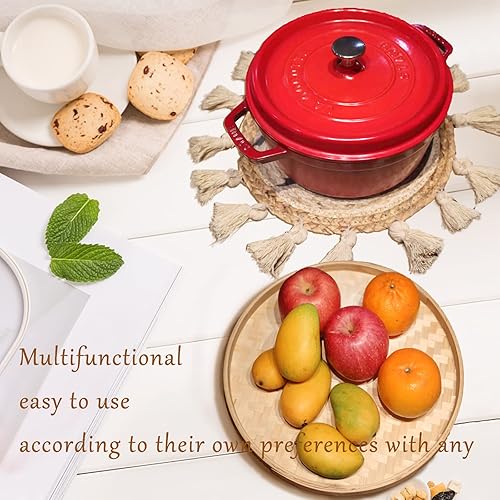 Vista 20 de LOCS MICRAI Juego de 3 cestas de pared bohemias, cesta tejida plana, decoración para colgar en la pared, borlas redondas, tapiz de macramé blanco