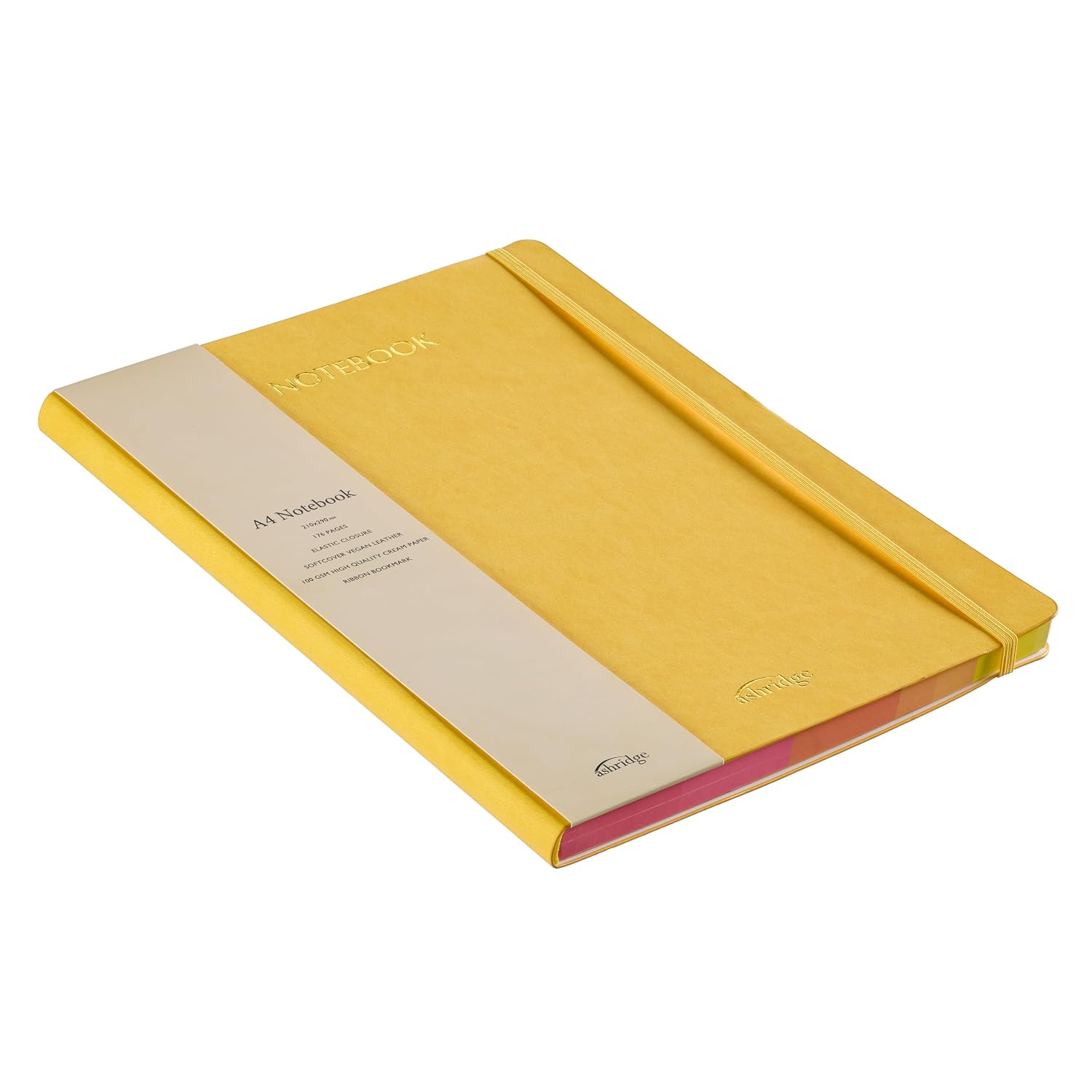 Ashridge Yellow Softcover Notebook – Multicolour Edge, Vegan Leather, A4, 176 Pages