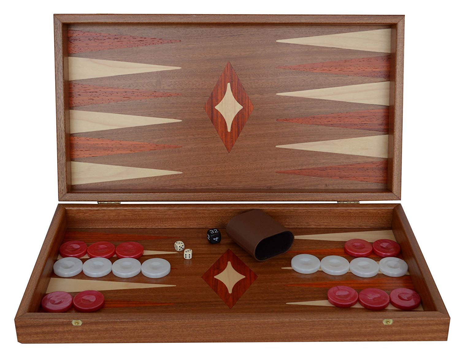 Manopoulos Traditional Mahogany Wood Backgammon Set - Red White Checkers