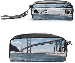 Makeup Bag for Women Travel Toiletry Pouch Portable Pencil Case with Zipper | Mackinac Suspension Bridge Cosmetic Bag for Gym Daily Sports Leather Big Capacity Pencil Pouch with Wrist Strap